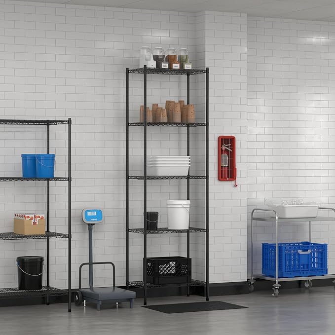 Commercial NSF Listed Black Epoxy Stationary Wire Shelving Kit 18" x 30" x 96", with 5 Shelves Perfect for Warehouse, Walk-in Refrigerator, Freezer, Grocery Store, Restaurant, Dishroom