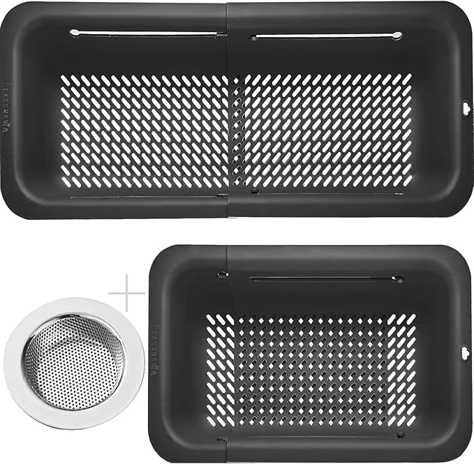 LASSHSWA Collapsible Colander and Strainer for Kitchen, Over the Sink Strainer Basket for Kitchen, Fruit Pasta Food Strainer Expandable Plastic Colander (Black)