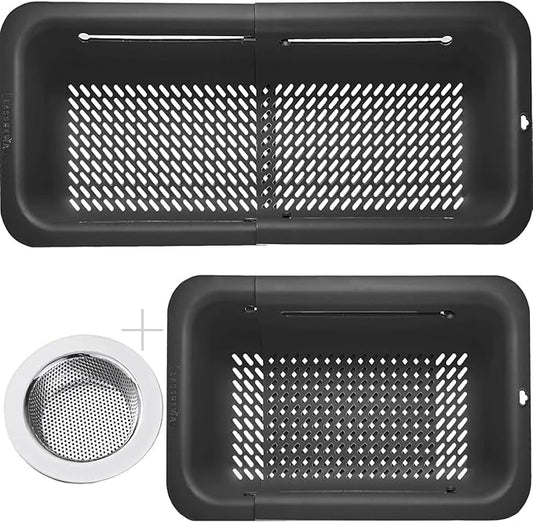 LASSHSWA Collapsible Colander and Strainer for Kitchen, Over the Sink Strainer Basket for Kitchen, Fruit Pasta Food Strainer Expandable Plastic Colander (Black)
