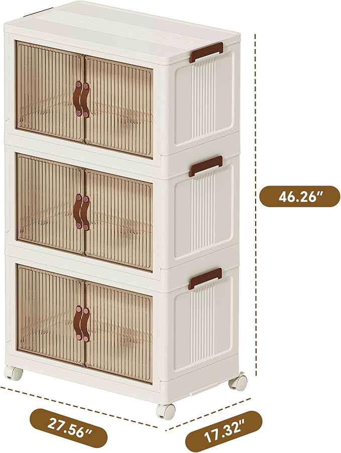 ONAIL Collapsible Stackable Storage Bins with Lids and Wheels, 98 Gal Folding Storage Box with Doors, Foldable Plastic Cabinet Storage Containers with Drawers for Clothes, Home, Room, White, 3 Tiers