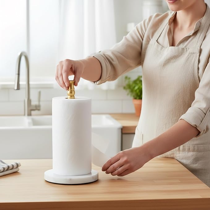 Paper Towel Holder Stand, One-Handed Ripping Paper Towel Roll Holder Countertop, Heavy Marble Base, NOT Tip Over - (Marble Base, Gold)