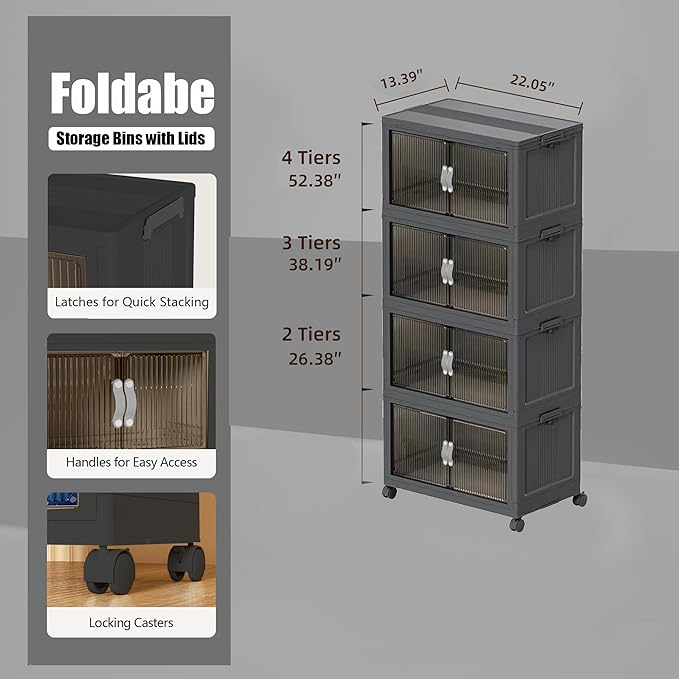 ONAIL Stackable Storage Bins with Lid & Wheel, Folding Storage Cabinet with Door, Large Foldable Containers Plastic Collapsible Storage Boxes for Home, Pantry, Office (M, Gray 4-Tier)