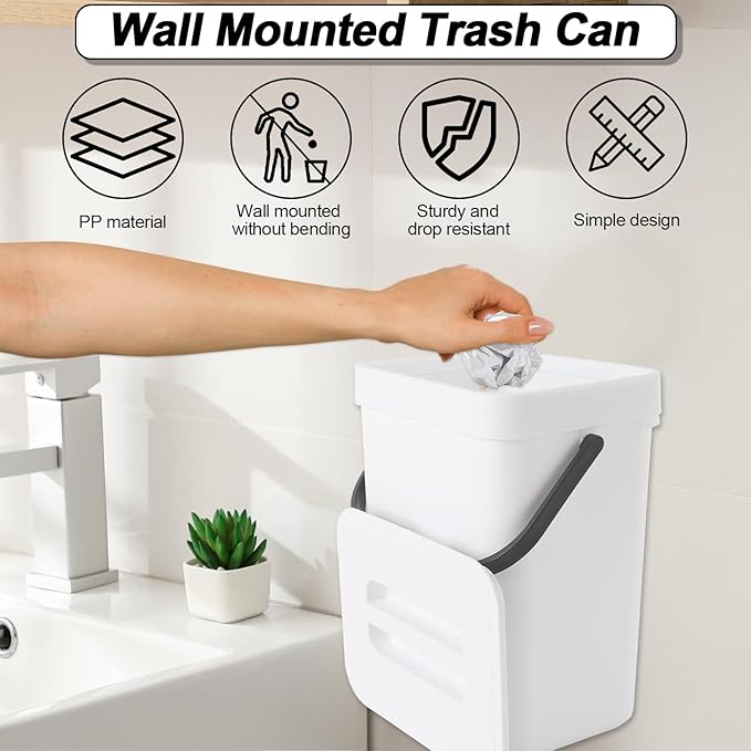 Compost Bin Kitchen, Includes 100 Trash Bags, Hanging Trash Can with Lid, Features Pet-Proof, Odor-Proof, and Quiet Opening/Closing. Suitable for Bathrooms/Bedrooms/Offices (White, 1.3Gal/5L)