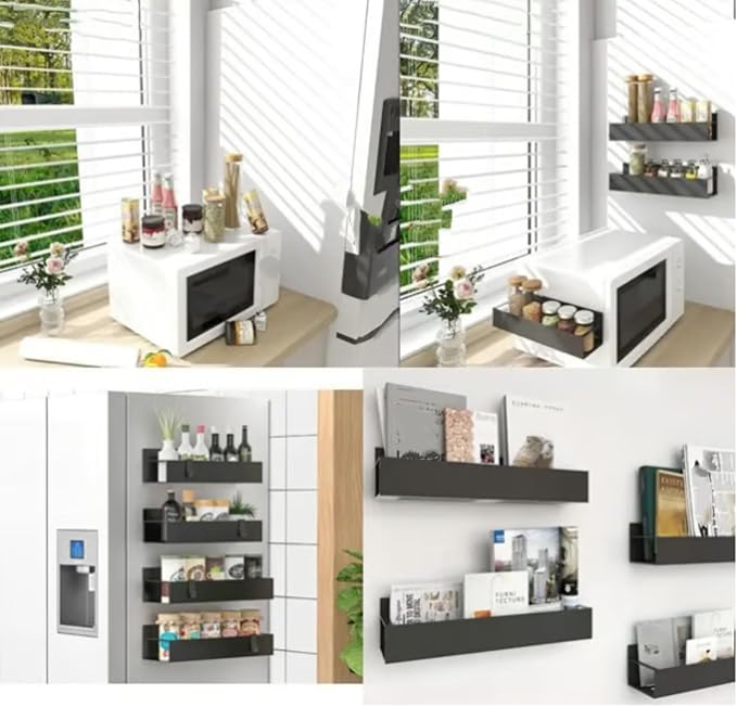 Punch-Free Magnetic Storage Rack Organize - Space-Saving Kitchen Organizer, Multifunctional Movable Magnetic Shelf for Refrigerator, Versatile Metal Organizer for Holding Spices, Jars (Black, L)