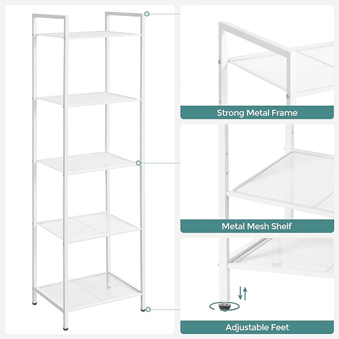 SONGMICS 5-Tier Storage Rack, Bathroom Shelf, Extendable Plant Stand with Adjustable Shelf, for Bathroom, Living Room, Balcony, Kitchen, White UBSC035W01