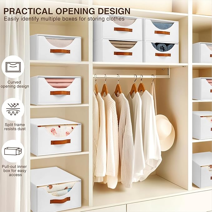 Stackable Storage Drawers - Collapsible Storage Bins with Drawers, 8 Pack Closet Shelf Organizer Basket, Fabric Pull Out Organizer for Bedroom, Living Room, Dorm, White