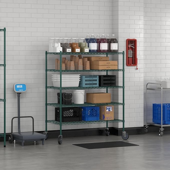 Commercial NSF Listed Green Epoxy Mobile Wire Shelving Kit 24" x 48" x 60", with 5 Shelves Perfect for Warehouse, Walk-in Refrigerator, Freezer, Grocery Store, Restaurant, Dishroom