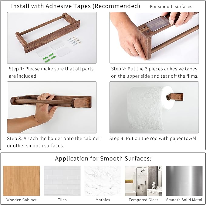 Wood-Paper-Towel-Holder-Under-Cabinet-Kitchen-Handmade - Wall Mounted/Adhesive No Drill Sturdy Roll Hanging Organizer, Horizontal Papertowel Dispenser Easytear, Handcraft Decor Gift Real Woodwork Home