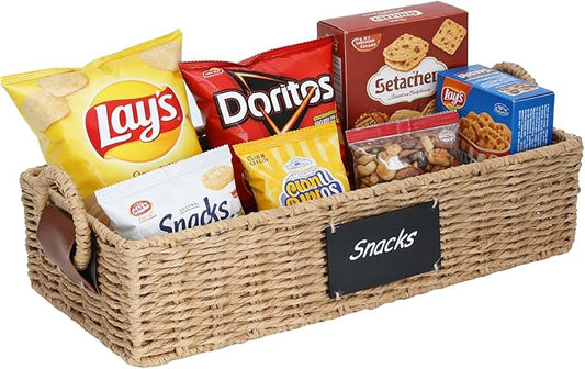 Snack Organizer for Countertop, Snack organizer snack basket tray with Handles, Paper Rope Wicker Basket snack Bar Station Decor, Food Storage Container for Pantry Organizer and Storage