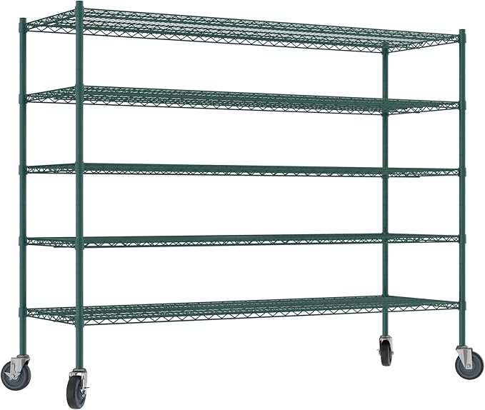 Commercial NSF Listed Green Epoxy Mobile Wire Shelving Kit 24" x 72" x 60", with 5 Shelves Perfect for Warehouse, Walk-in Refrigerator, Freezer, Grocery Store, Restaurant, Dishroom