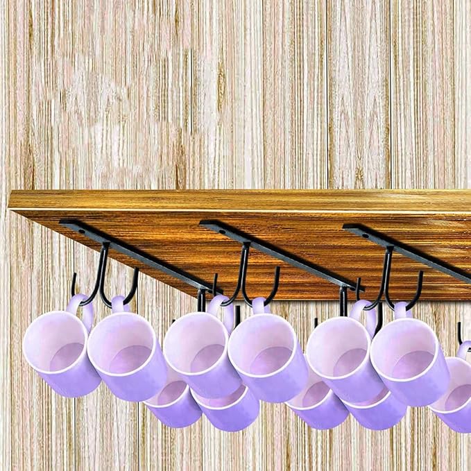 2 Set Under Cabinet Coffee Mug Holder Rack with Hooks Space-Saving Iron Cup Organizer for Kitchen Storage Draining Design for Clean Glass Cup Hanging and Multi-Purpose Use