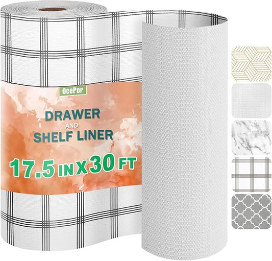 OcePor Non-Adhesive Drawer and Shelf Liner 17.5IN x 30FT，Non Slip Cabinet and Cupboard Liner, Kitchen Cabinet Liners for Shelves, Waterproof Drawer Shelf Liners for Cabinets/Bathroom Cupboard, Stripe