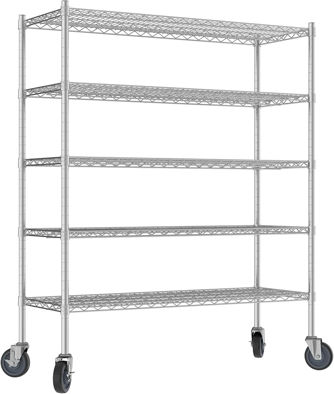 Commercial NSF Listed Chrome Mobile Wire Shelving Kit 18" x 48" x 60", with 5 Shelves Perfect for Warehouse, Walk-in Refrigerator, Freezer, Grocery Store, Restaurant, Dishroom
