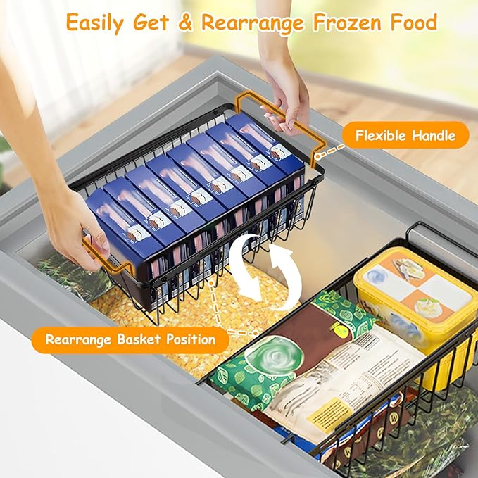 Large Chest Freezer Organizer Bins, Expandable Stackable Freezer Baskets Adjustable from 15.6" To 24.3" Freezer Chest Organizer Stackable Freezer Storage Containers with Hanging Handles