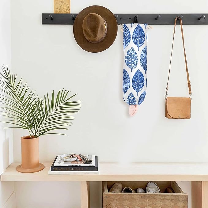 Plastic Bag Holder Wall Mount Grocery Bag Shopping Bag Storage Holder Organizer Dispenser with Adhesive Hook,for Kitchen Bathroom Home Decor 9x22 Inches Watercolor Blue Boho Leaf09