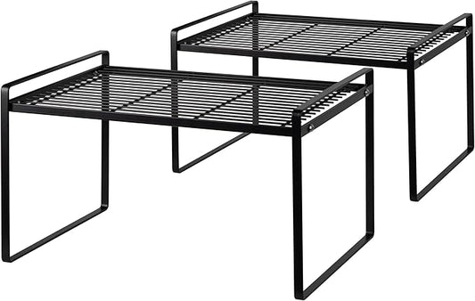 2Pack Kitchen Cabinet Shelf Counter Organizer Rack Pantry Storage Bathroom Bedroom Office Table Desk Space Saving Stackable Rust Resistant Non Slip Black Tall Wide L16.1in W10.6in H9.5in