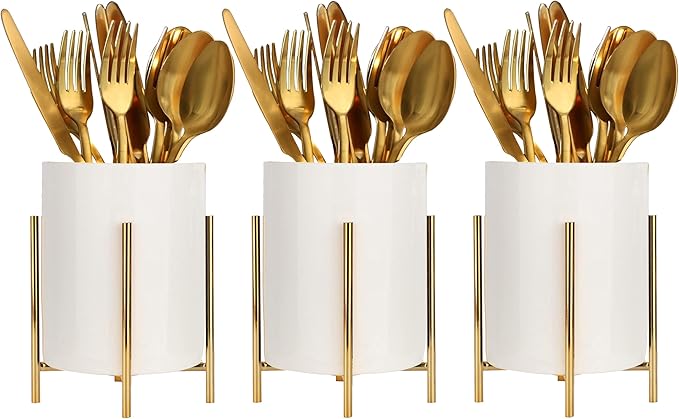 Kitchen Utensil Holder,White Ceramic Silverware Caddy With Golden Metal Frame Chic & Modern Kitchen Cooking