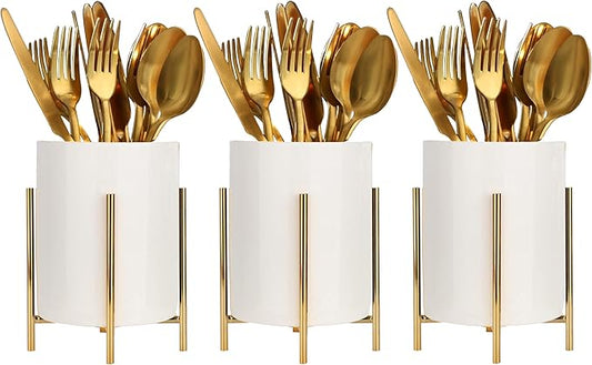 Kitchen Utensil Holder,White Ceramic Silverware Caddy With Golden Metal Frame Chic & Modern Kitchen Cooking