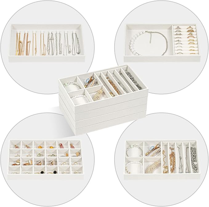 ProCase Stackable Jewelry Organizer Trays for Drawers, Jewelry Drawer Inserts Container Display Case Storage for Earring Necklace Rings Bracelet with Removable Dividers -Warmwhite, 4 Layers