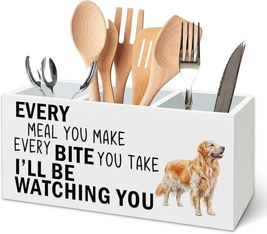 Golden Retriever Dog Kitchen Utensil Holder for Countertop, Dog Decorative Lover Gifts, Funny Every Meal You Make Every Bite You Take Wooden Utensil Holder Organizer for Kitchen Table Decor
