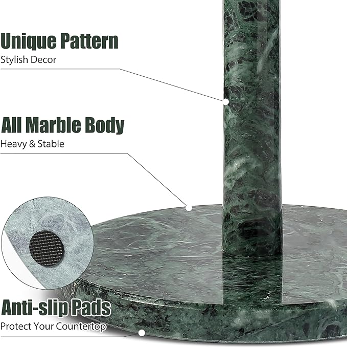 Koville Italian Natural Marble Paper Towel Holder Countertop, Genuine Stone Paper Towel Holder Stand for Kitchen Storage, for Standard or Jumbo-Sized Rolls(Alpi Green)