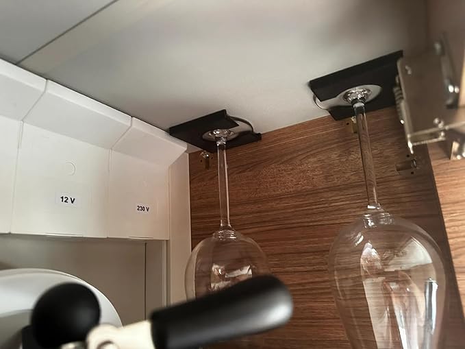 RV Wine Glass Holder for Campers, Ceiling Mount Stemware Rack with 3M Adhesive, Under Cabinet Storage Solution for Motorhomes, Van Conversions, Travel (4, Black)