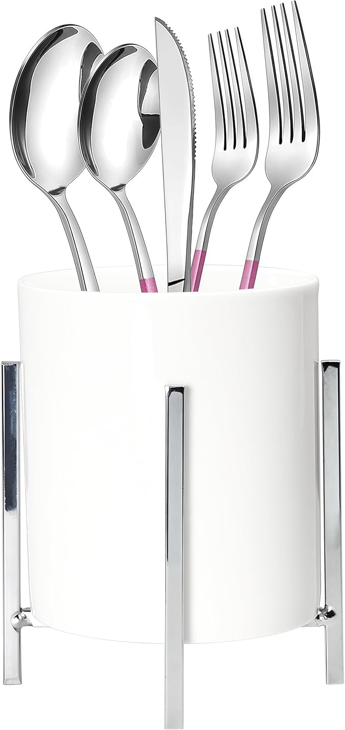 Sturdy Cutlery Holder for Parties, White Ceramic Cup With Silver Metal Bracket, Round Utensil Crock For Countertop, Silverware Caddy For Store Forks, Knives, Spoons, Napkins, 1 Pcs