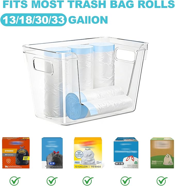 2 Pack Trash Bag Holder Dispenser - Garbage Bag Dispenser Under Sink, Acrylic Trash Bags Container Organizer Roll Holder, Clear Stackable Kitchen Under Sink Storage Organizer