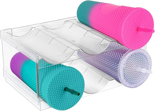 Stackable Water Bottle Organizer for Cabinet, Plastic Bottle Holder Designed for Starbucks Studded Tumblers up to 40oz, Plastic Cup Holder&Wine Rack for Pantry,Cupboard- 2 Layers Hold 6 Bottles
