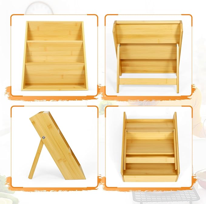 Bamboo Spice Rack Organizer, 3 Tier Spice Shelf Stand for Kitchen Countertop, Wood Folding Spice Rack for Cabinet