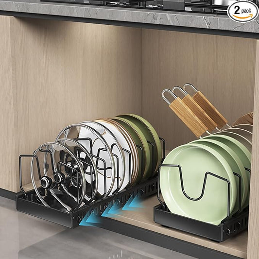 2Pack Black Pot Lid Organizer, Pull-out Pots and Pans Organizer Under Cabinet Pot Lid Holder for Kitchen, Sliding type Pots and Pans Storage, 8 Adjustable Dividers