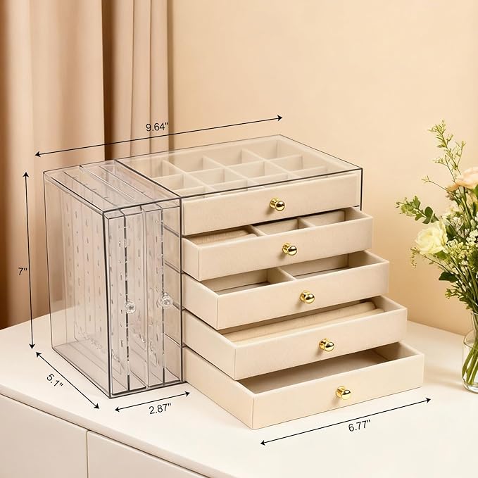 Greenfeather Jewelry Organizer with 7 Removable Drawers, Clear Acrylic Jewelry Box with 16 Necklace Hooks, 48 Pairs of Earring Holes, 5 Velvet-Lined Drawers for Rings, Bracelets, Necklaces,Off-White