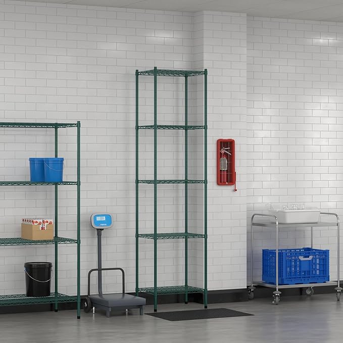 Commercial NSF Listed Green Epoxy Stationary Wire Shelving Kit 18" x 24" x 96", with 5 Shelves Perfect for Warehouse, Walk-in Refrigerator, Freezer, Grocery Store, Restaurant, Dishroom