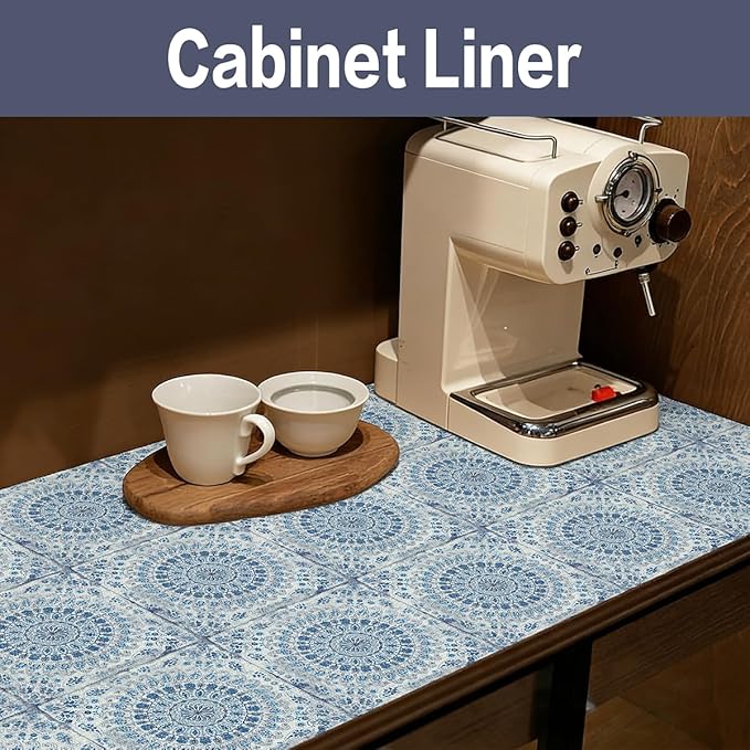 Vuacepe Drawer and Shelf Liner for Kitchen Cabinets Non-Adhesive Waterproof Boho Shelf Liner Strong Grip Non-Slip Drawer Liner Easy to Clean Blue Cabinet Liner for Shelf Dresser Cupboard 16IN × 10FT