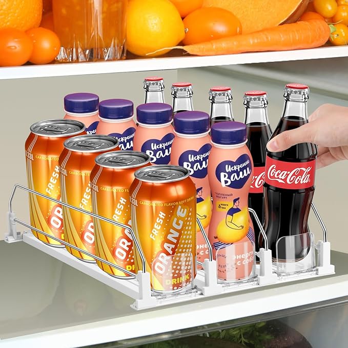 Drink Organizer for Fridge, Adjustable Width Soda Can Dispenser for Refrigerator Organizers and Storage, 3 Rows Beer Bottle Beverage Holder with Pusher Glide (14.96" D, White)