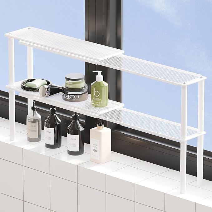 Expandable Window Shelf for Plants Kitchen Sink Organizer Stackable Narrow Shelves Kitchen Countertop Holder Mesh Design (2, White)