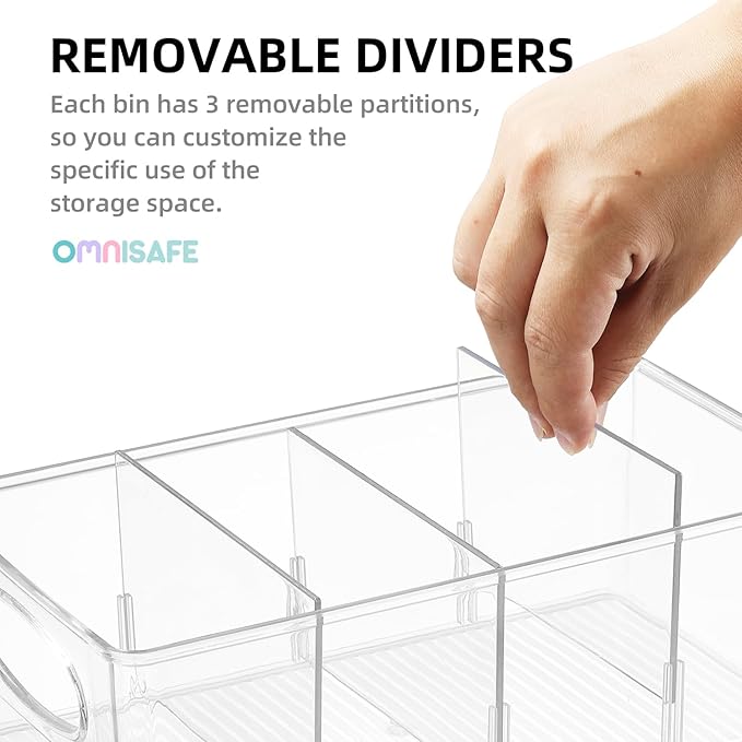 4-Section Divided Storage Plastic Bins, Clear Plastic Food Storage Organizer for Kitchen, Snacks, Spice Packets,Pouches, Stackable Tea Bag Storage Bin (6 Pack)