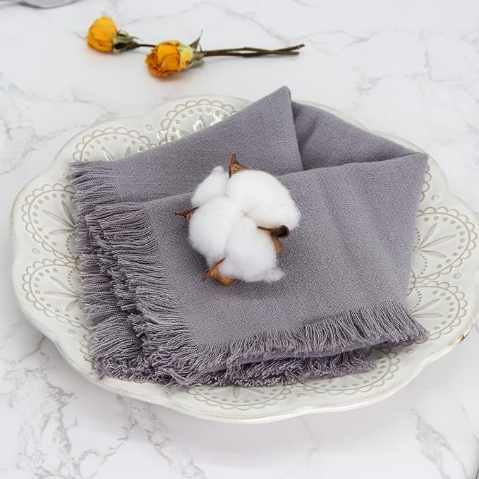 Handmade Cloth Napkins with Fringe,18 x 18 Inches Cotton Linen Napkins Set of 6 Versatile Handmade Square Rustic Fringe Napkins for Dinner, Wedding and Parties, Gray