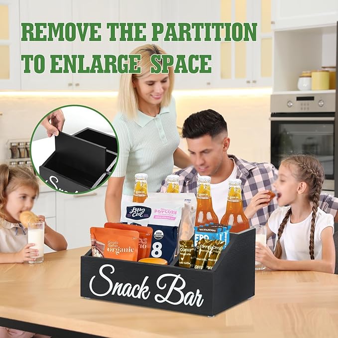 Snack Organizer for Countertop, Wooden Snack Tray and Food Storage Bins, Large 5-Compartment Snack Basket for Pantry, Kitchen Cabinet Pantry Organizer and Storage Bins for Packets
