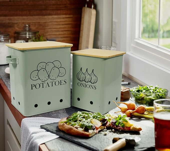 Kitchen Vegetable Storage Tins Set of 2 for Potatoes, Onion, with wooden lid Garlic Bin Caddy, Long Shelf Life-Grayish Green