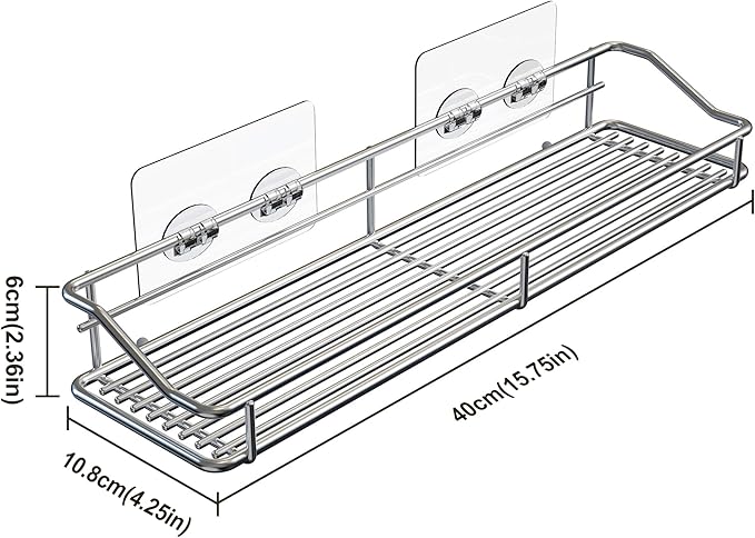 Orimade Bathroom Shelf Organizer Shower Caddy Storage Kitchen Rack with Traceless Transparent Adhesive No Drilling SUS304 Stainless Steel, 15.75 inch, Silver
