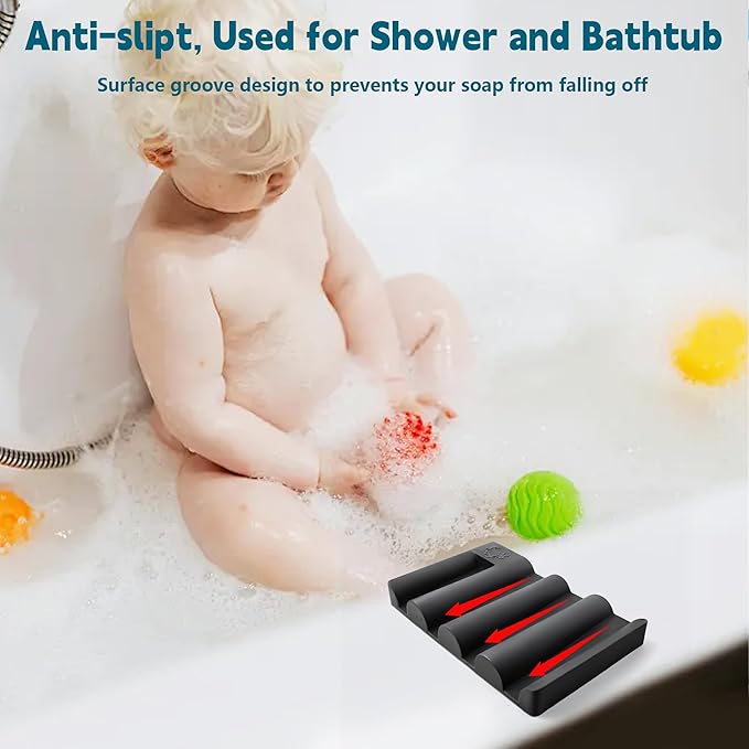 Silicone Soap Dish,Self Draining Soap Holder Perfect for Shower,Bathroom Sink,Kitchen Sink & Travel,Non-Slip Bar Soap Holder Extend Soap Life,Keep Soap Bars Dry Clean (Black-1Pcs)