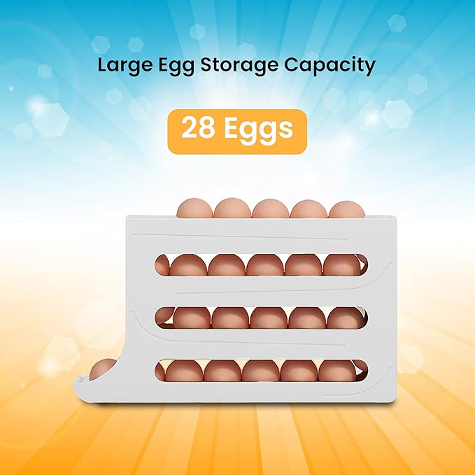 ZAYLAN Egg Holder for Fridge, Auto Rolling Egg Roller/Dispenser/Organizer/Storage Container, Space-Saving 4-Tier Egg Tray for 28 Eggs, Refrigerator, Kitchen & Countertop with Flower Egg Cutter (WHITE)