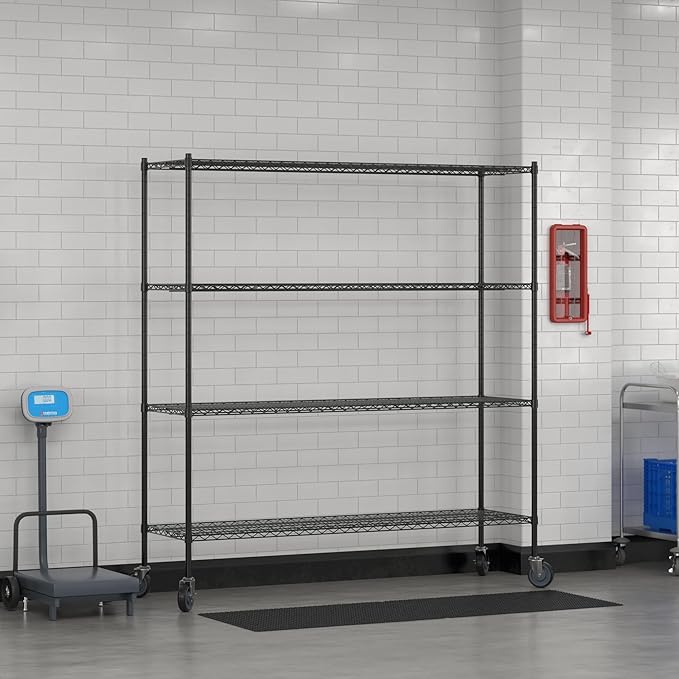 Commercial NSF Listed Black Epoxy Mobile Wire Shelving Kit 21" x 72" x 80", with 4 Shelves Perfect for Warehouse, Walk-in Refrigerator, Freezer, Grocery Store, Restaurant, Dishroom