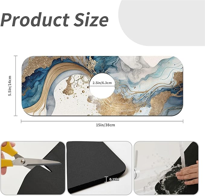 Kitchen Sink Splash Guard，Natural blue and gold marble Faucet Mat Sink Gadgets-Super Absorbent Fast Drying Mat Drip Catcher for Kitchen, Bathroom,Sink Mat, Dish Drying Mat, Bathroom(15" X 5.5" )