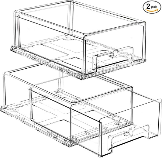 BOICHU 2 Pack Stackable Storage Drawers - Clear Refrigerator Drawers for Refrigerator Organizers and Storage, Acrylic Fridge Drawer Organizer with Handles for Bathroom, Undersink, Cabinet, Pantry, etc