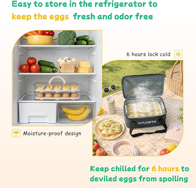 2 Pack Deviled Egg Containers with Lid, Durable Deviled Egg Platter, Fridge Portable Egg Tray with Lids for Party, Thickened Deviled Egg Carrier with Portable Insulated Bag and Piping Decorating Kit