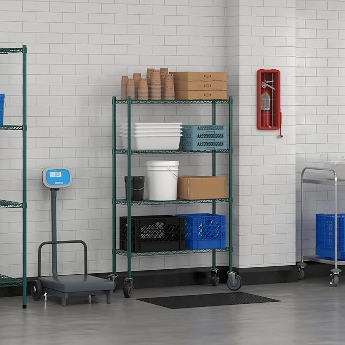 Commercial NSF Listed Green Epoxy Mobile Wire Shelving Kit 12" x 36" x 60", with 4 Shelves Perfect for Warehouse, Walk-in Refrigerator, Freezer, Grocery Store, Restaurant, Dishroom