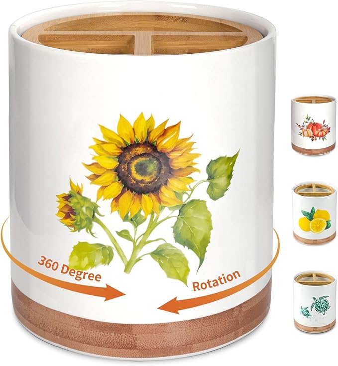 HAPPY KIT 7.6″ Extra Large Kitchen Utensil Holder, 360° Rotating Utensil Holder for Kitchen Counter with 3 Removable Compartment, Housewarming Gift & Farmhouse Decor(Sunflower)
