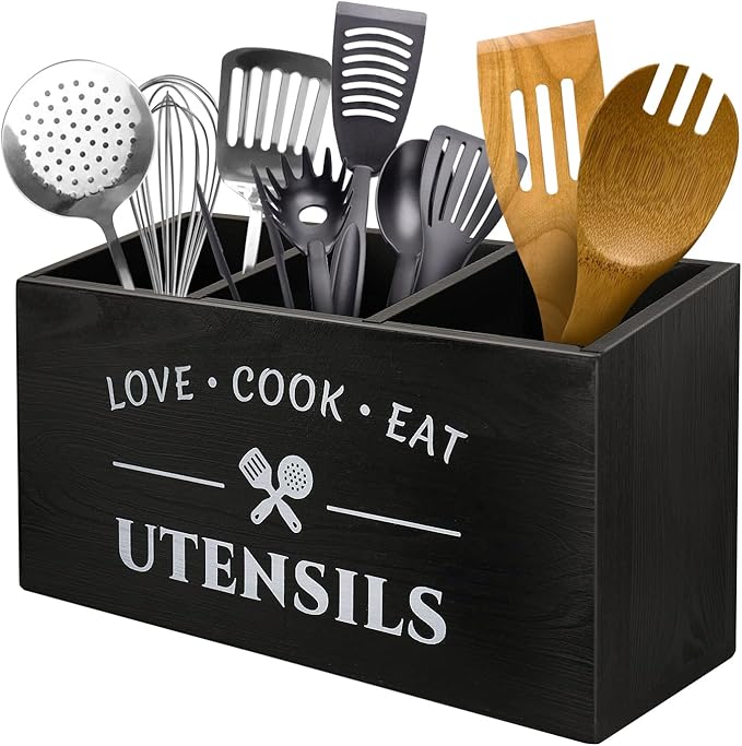 Wooden Utensil Holder with 3 Compartments for Kitchen Counter, Large Farmhouse Kitchen Decor & Rustic Spatula Holder, Heavy Duty Wood Cooking Utensil Crock Organizer for Spoons, Ladles & Tongs